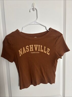 Nashville Graphic Ribbed Crop Tee - Brown with Cream Lettering